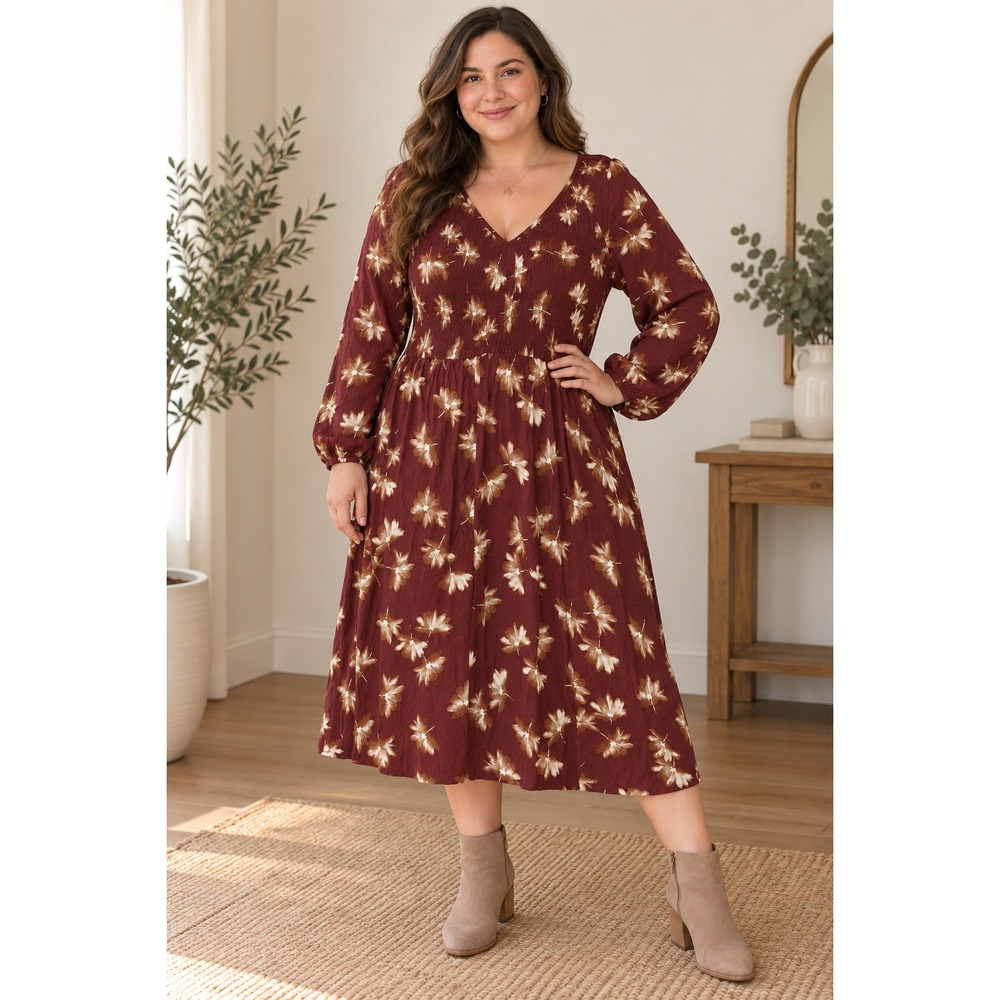 Ava & Viv Womens XXL Burgundy Floral Smocked Waist V-Neck Midi Dress Long Sleeve